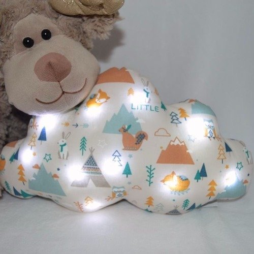 Coussin nuage lumineux, veilleuse bébé enfants, tissu animaux de la forêt, hiboux, lapin, renard, tipi, cadeaux de naissance...