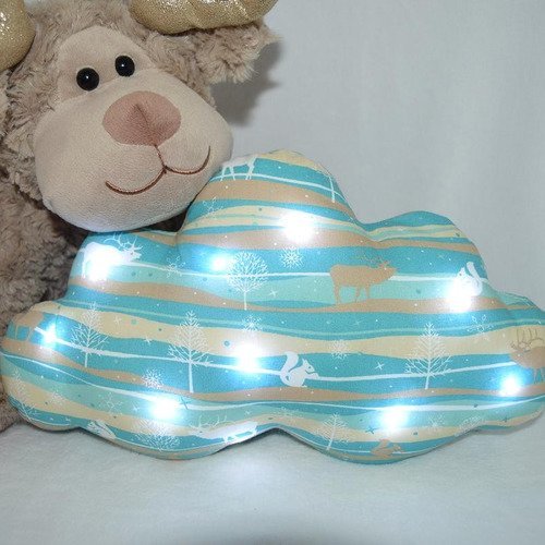 Veilleuse bébé enfants, coussin nuage lumineux, tissu bleu, écureuil, montagne, cadeaux de naissance...