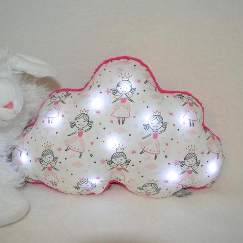 Coussin nuage lumineux, veilleuse bébé enfants, tissu rose et blanc, petite fée dorée, cadeaux de naissance...