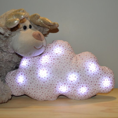 Coussin nuage lumineux, veilleuse bébé enfants, tissu rose étoiles paillettes, décoration chambre bébé, cadeaux de naissance...