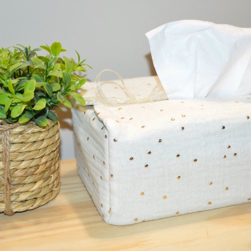 Housse boite à mouchoir, kleenex, tissu double gaze de coton beige pois dorés, idée cadeau noël