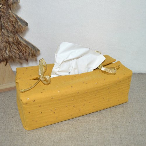 Housse boite à mouchoir, kleenex, tissu double gaze de coton moutarde pois dorés, idée cadeau noël