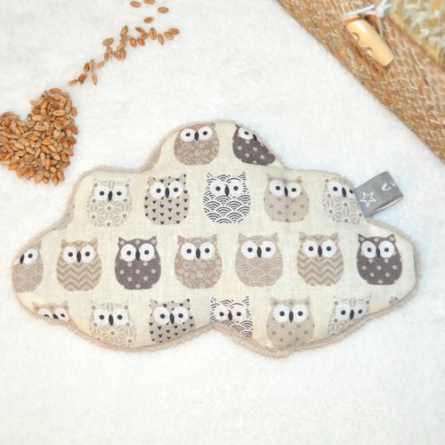 Bouillotte sèche nuage, tissu beige motif chouette, garnie de grain de blé bio, bébé et enfant