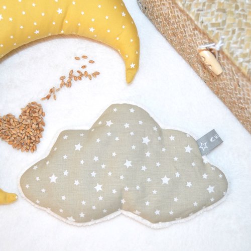 Bouillotte sèche nuage, tissu taupe motif étoile, garnie de grain de blé bio, bébé et enfant