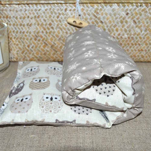 Bouillotte sèche longue, blé bio, tissu coton beige, chouette hiboux, flocons de neige