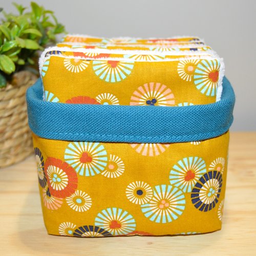 Panier avec 5 lingettes lavables, tissu coton jaune moutarde, éponge de bambou, démaquillantes