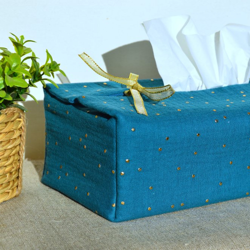 Housse boite à mouchoir, kleenex, tissu double gaze de coton bleu paon à pois dorés, idée cadeau noël