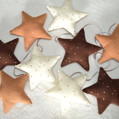 Guirlande de 9 étoiles en tissu, camel marron, double gaze de coton à pois doré, décoration chambre bébé, cadeau de naissance