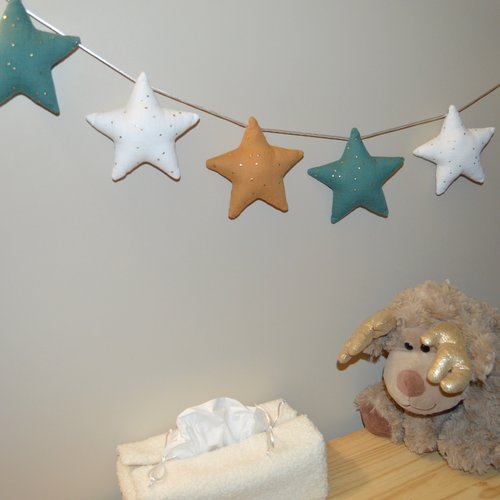 Guirlande de 6 étoiles en tissu, bleu, blanc et camel, double gaze de coton à pois doré, décoration chambre bébé, cadeau de naissance