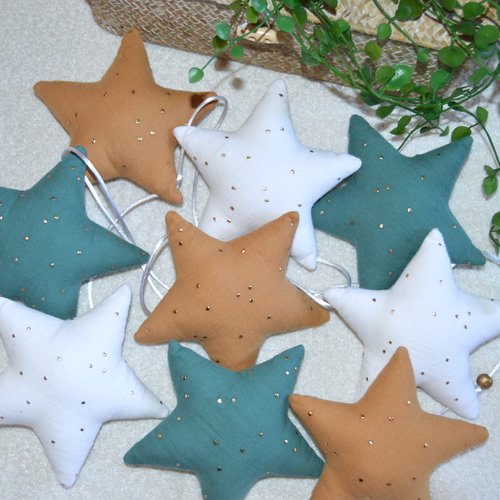 Guirlande de 9 étoiles en tissu, bleu, blanc et camel, double gaze de coton à pois doré, décoration chambre bébé, cadeau de naissance