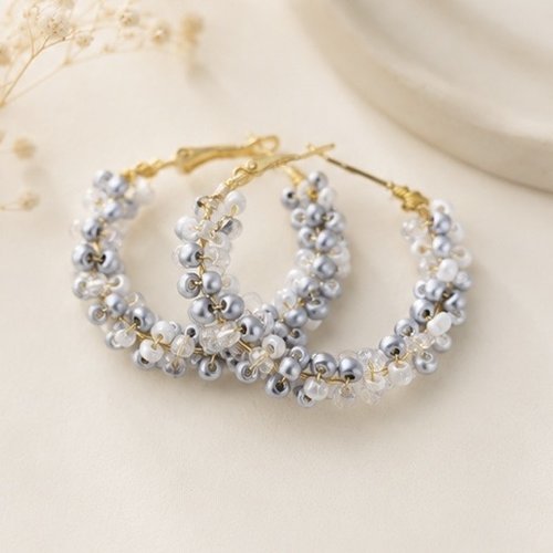 Créoles perles grise, blanche et transparente