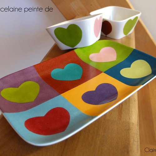 Plateau apéro coeurs en porcelaine peint à la main