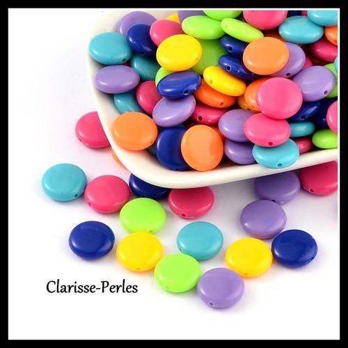 10 perles acryliques rondes et plates multicolore 14x5mm trou 1mm