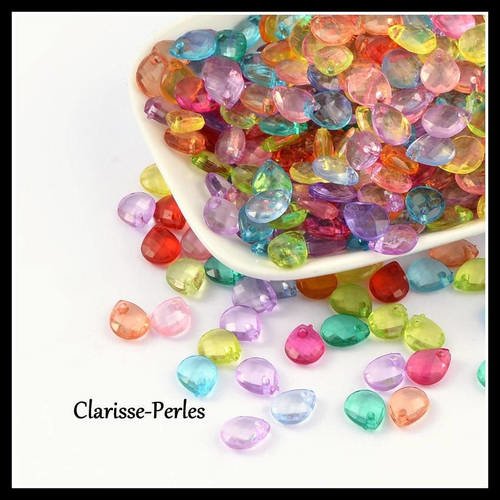 Perles breloque gouttes acryliques à facettes multicolores 8x10x4mm trou 1mm