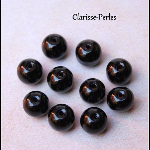 10 perles de verre rondes couleur noir 10mm