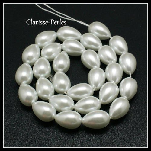 4 perles goutte verre blanc imitation perle nacrée 9x13mm trou 1mm
