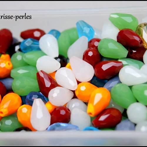 10 perles goutte verre à facettes multicolore, perles imitation jade 