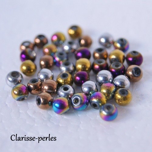 50 perles verre effet métal multicolore 4mm trou 1mm