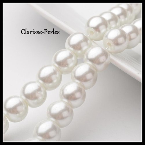 Perles rondes verre blanc imitation perle nacrée 8mm trou 1mm