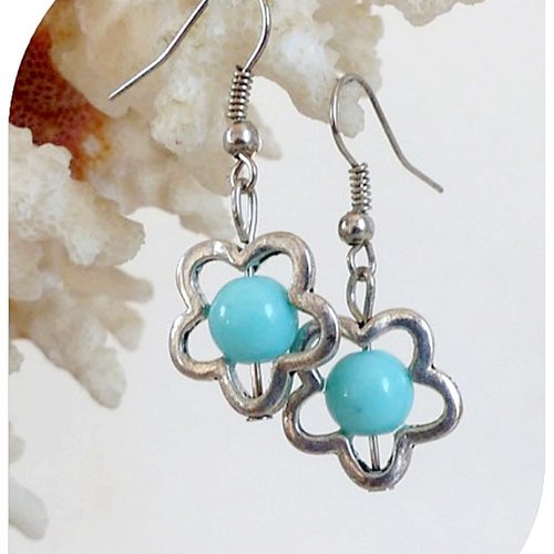 Boucles d'oreilles perles bleues et perles intercalaires argentées .