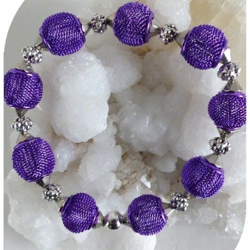 Bracelet élastique perles filets en métal violet 12mm.
