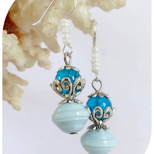 Boucles d'oreilles perles de verre bleues et perles papier.