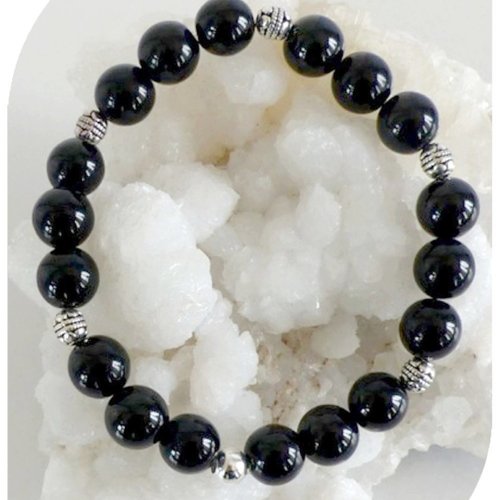 Bracelet élastique homme pierres naturelles tourmalines noires .