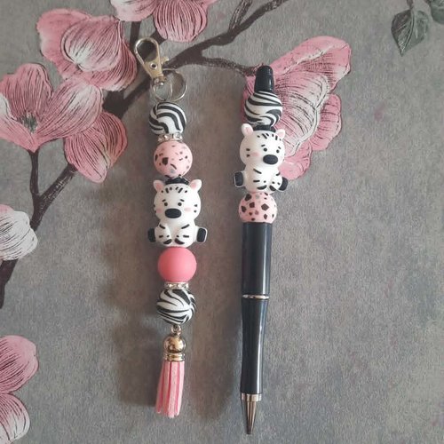 Lot de 2 créations porte clé et stylo zebre