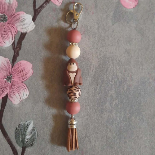 Porte clé en perles silicone avec gorille marron