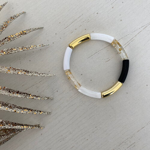 Bracelet femme élastique/ jonc/ perle tube incurvé résine / chic/paillette, noir, blanc feuille d'or