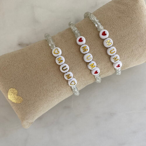 Bracelet femme élastique/mum/ coeur/maman- perles en verre - perles acryliques, fêtes des mères