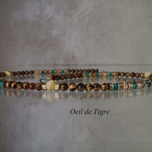 Collier tibétain pour homme longueur au choix collier en pierres naturelles œil de tigre bijoux de protection porte bonheur