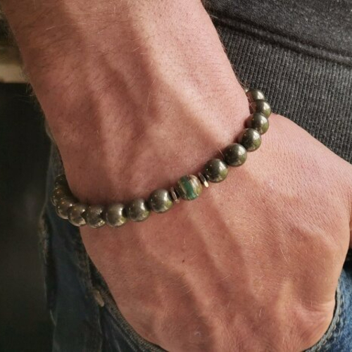 Bracelet pyrite pour homme style celtique  bracelet perles ronde pyrite style viking  pierre  agate du tibet