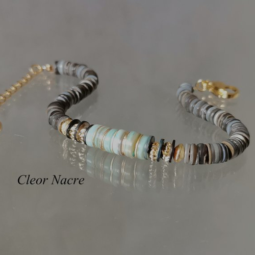 Bracelet perles nacre pour femme bijoux fantaisie turquoise gris bracelet heishi chic réglable plaqué or 18 carats