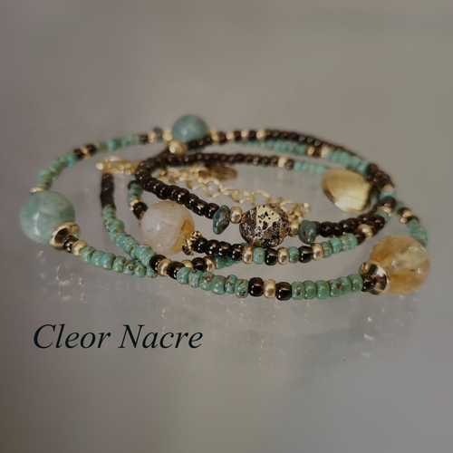 Bracelet bohème pour femme bracelet multi rangs pierre citrine et jade bleu bijou lithothérapie artisanal