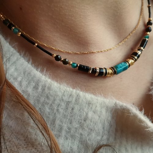 Collier perles pour femme collier pierre naturelle obsidienne apatite création artisanale