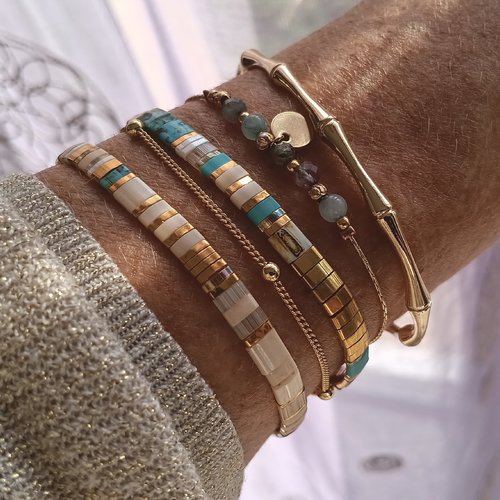Bracelet miyuki tila élastique bohème chic – perles japonaises aux teintes sable, bleu et doré