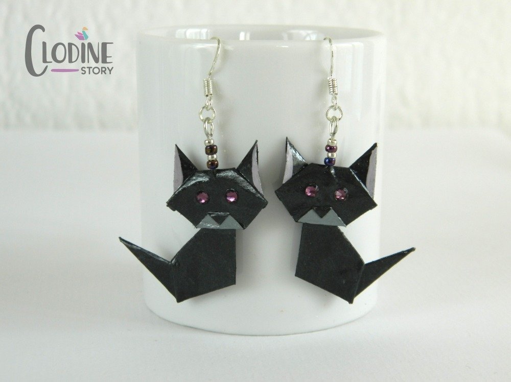 Boucles D Oreilles Chat Noir Origami Avec Des Yeux Violets Boucles D Oreilles Chat Origami Bijoux Halloween Bijoux Animaux Pliage Papier Un Grand Marche