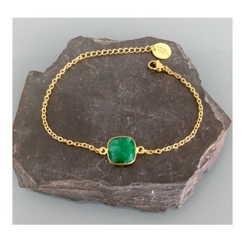 Bracelet femme gourmette pierre émeraude plaqué or 24 k, bracelet doré, idée cadeau, bracelet émeraude