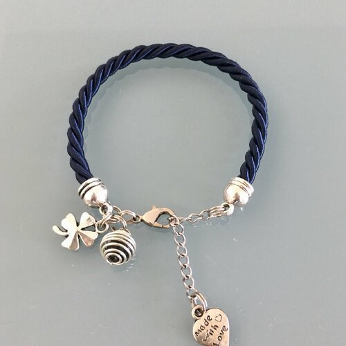 Bracelet à parfumer en soie tissée bleu marine avec trèfle, bijoux cadeaux, bracelet femme