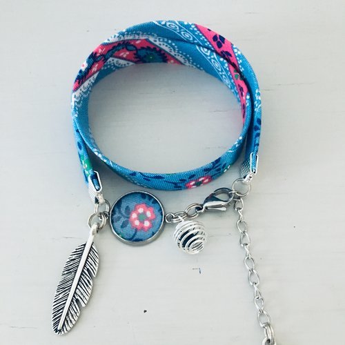 Bracelet à parfumer en tissu liberty bohème bleu, bracelet porte bonheur, bijoux cadeaux femme, bracelet plume