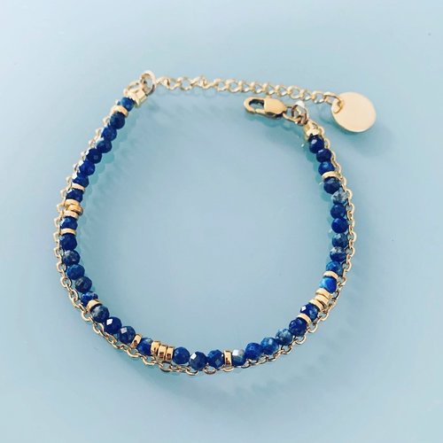 Bracelet double lapis lazuli, bracelet femme gourmette pierres naturelles magiques et perles heishi plaqué or 24 k
