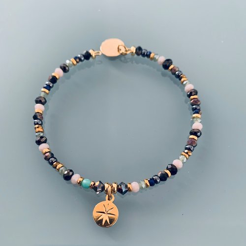 Bracelet jonc perles et rose des vents, bracelet femme gourmette pierres naturelles magiques et perles heishi plaqué or 24 k