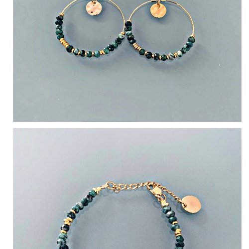Parure de bijoux créoles et bracelet perles de jade et or, bracelet perles, idée cadeau femme, bijoux cadeaux