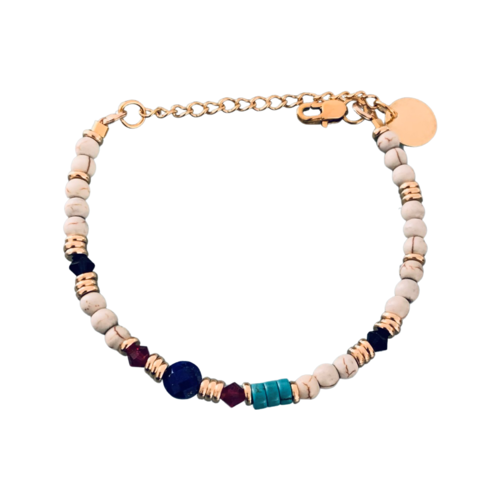 Bracelet perles et lapis lazuli, bracelet femme gourmette pierres naturelles magiques et perles heishi plaqué or 24 k
