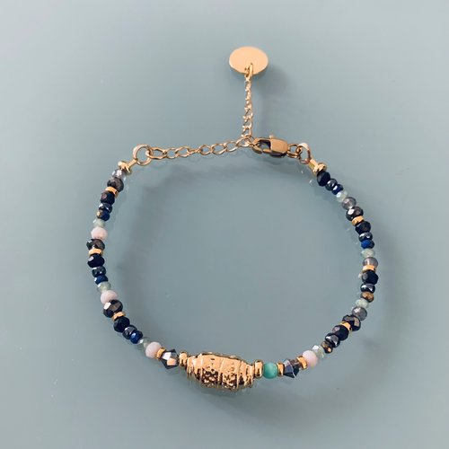Bracelet amulette et perles, bracelet femme gourmette talisman magique et perles heishi plaqué or 24 k, bracelet doré
