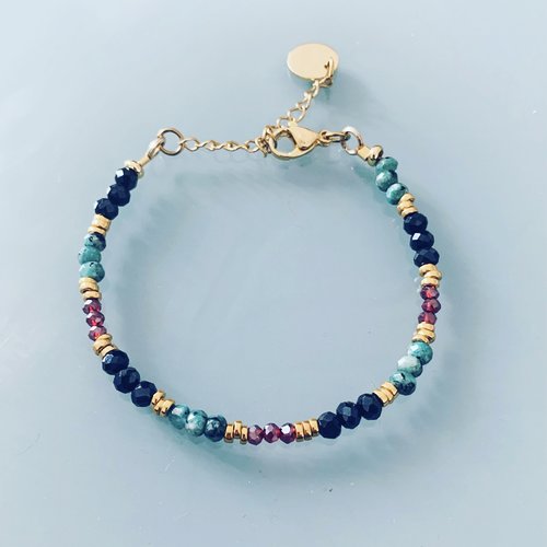 Bracelet en perles, bracelet femme gourmette pierres naturelles magiques et perles heishi plaqué or 24 k