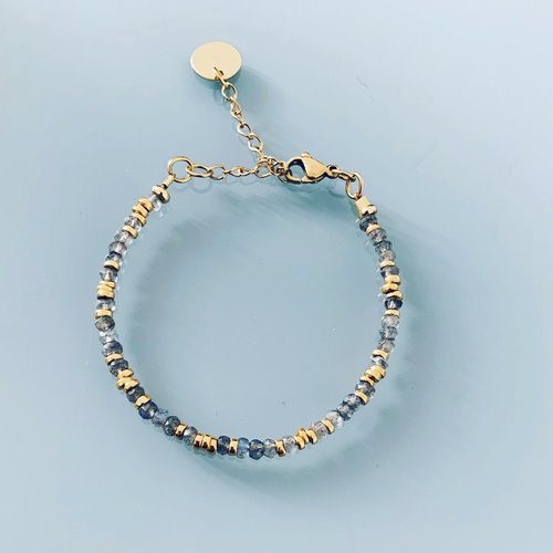 Bracelet en perles labradorites, bracelet femme gourmette pierres naturelles magiques et perles heishi plaqué or 24 k
