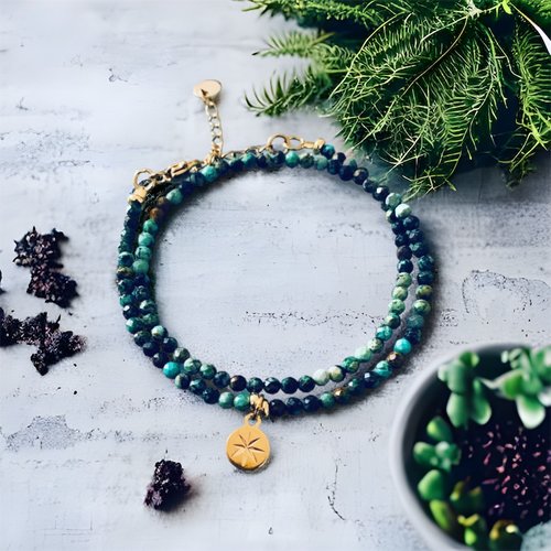 Bracelet étoile en turquoise africaine, bracelet femme gourmette pierres naturelles magiques et perles heishi plaqué or 24 k