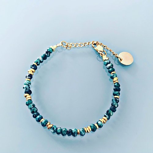 Bracelet en perles de jade vertes, bracelet femme gourmette pierres naturelles magiques et perles heishi plaqué or 24 k